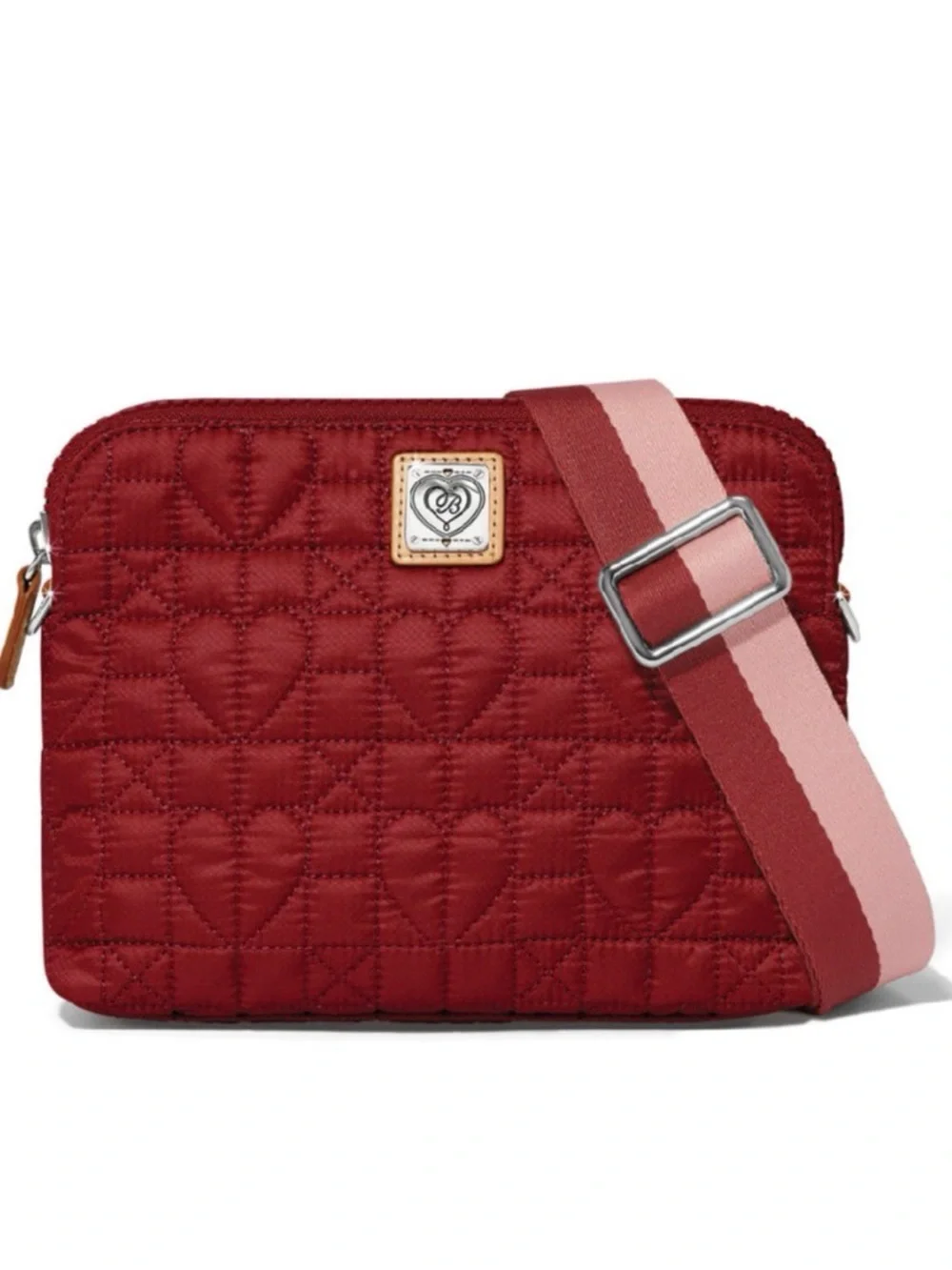 Brighton Arielle Red Quilted Heart Crossbody with Pink-Striped Strap